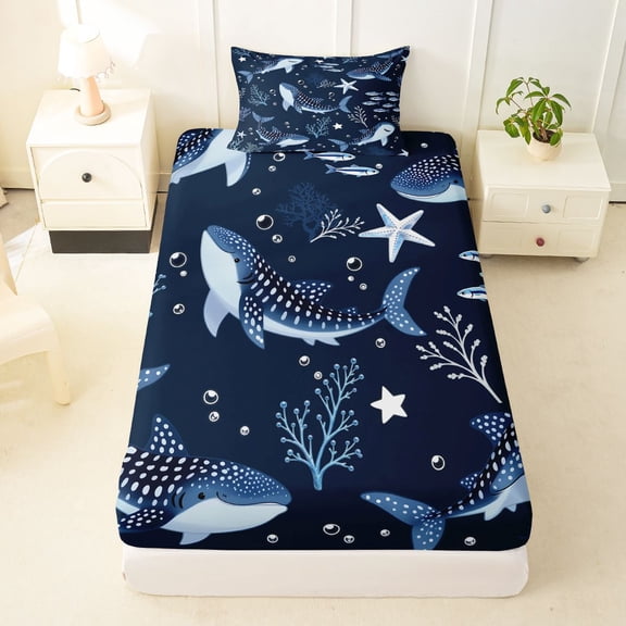 Manfei Cute Ocean Twin Fitted Sheet, Whale Shark Coral Bedding, Navy Blue, 2 Pieces, 1 Fitted Sheet and 1 Pillowcase