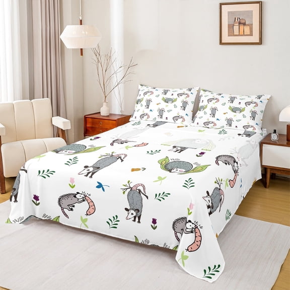 Manfei Cute Opossum Full Size Sheets 4-Piece for Boys Girls, Cartoon Rodent Wildlife Bed Sheets, Green Leaves Sheet Sets, Super Cozy Room Decor