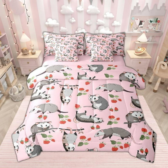 Manfei Cute Opossum Girl Bedding Comforter Set 7pcs, Cartoon Animal Rodent Queen Bedding Sets, Strawberry Fruit Queen Sheet Sets, Kids Pink Gray Red Room Decor