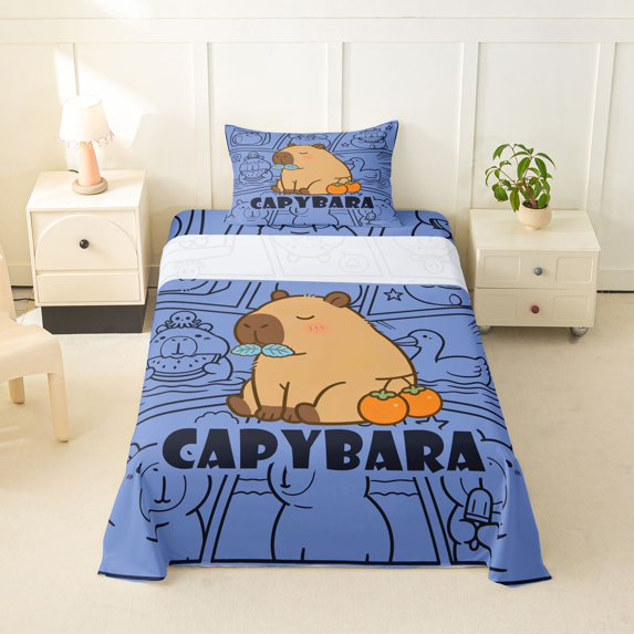 Manfei Cute Orange Fruit Pattern Twin Sheets,Kawaii Capybara Bedding,Blue,3pcs,1 Fitted Sheet and 1 Pillowcase