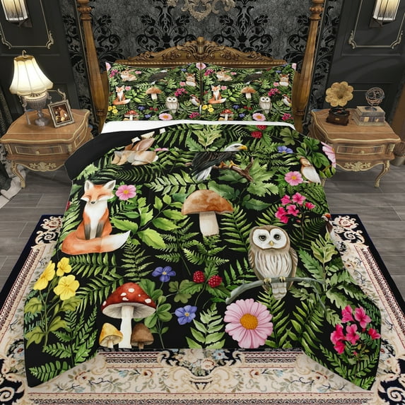 Manfei Cute Owl Fox Full Size Comforter Sets,Tropical Botanical Flam Bedding Comforter Set,Colorful Mushroom Flower Floral Bedding Sets For Girls Teens,Ultra Soft Home Decor Reversible,3-Piece