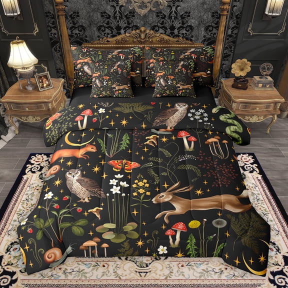 Manfei Cute Owl Rabbit 7-Piece Twin Bedding Sets,Rustic Flower Mushroom Bedding Comforter Set,Brown Black Green Sheet Sets For Girl Kids,Super Cozy Room Decor Reversible
