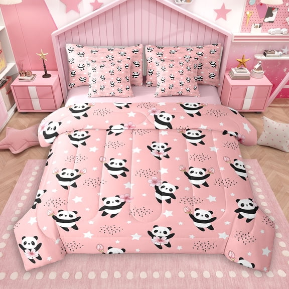 Manfei Cute Panda Animal 7-Piece Bedding Comforter Set for Kid, Girly Pink Cherry Blossoms King Bedding Sets, Cartoon Stars Print Reversible Bed Sheets, Luxury Bedroom Decor