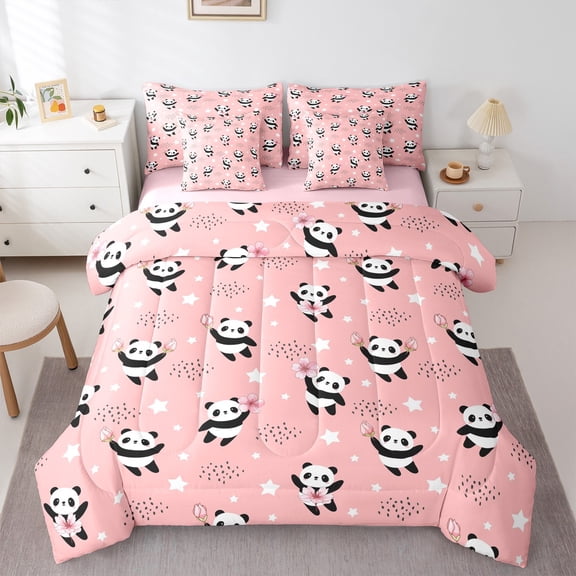 Manfei Cute Panda Animal 7-Piece Twin Bedding Sets for Kid, Girly Pink Cherry Blossoms Bedding Comforter Set, Cartoon Stars Print Reversible Sheet Sets, Luxury Bedroom Decor