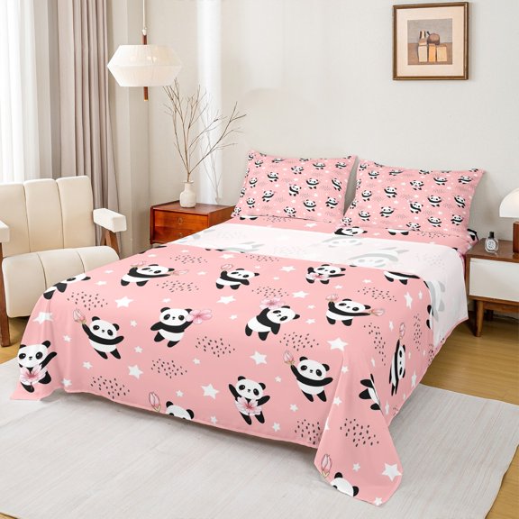 Manfei Cute Panda Animal Twin Sheet Sets for Kid, Girly Pink Cherry Blossoms Twin Fitted Sheet, Cartoon Stars Print Flat Sheet, Luxury Bedroom Decor, 3 Pieces