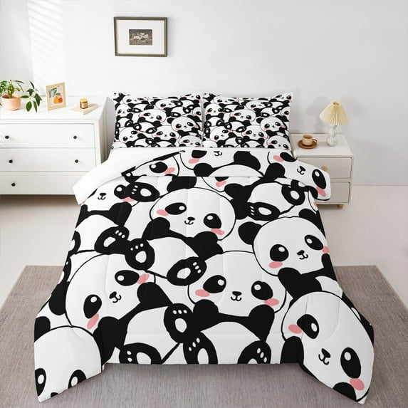 Manfei Cute Panda Bedding Comforter Set,Zoo Animal Twin Comforter Sets,White Black Bedding Set For Girls Boys,Microfiber Bedroom Decor,2pcs