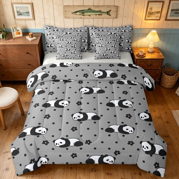Manfei Cute Panda Full Size Bedding Sets, Cartoon Floral Print Full Size Bed in a Bag, Gray, Gray Reversible, 7pcs