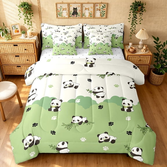 Manfei Cute Panda Full Size Bedding Sets, Cartoon Paw Print Full Size Bed in a Bag, Green, Reversible, 7pcs