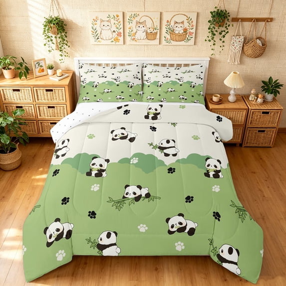 Manfei Cute Panda Queen Comforter Set, Cartoon Paw Print Comforter Sets Queen, Green, Reversible, 3pcs, 1 Comforter and 2 Pillowcases