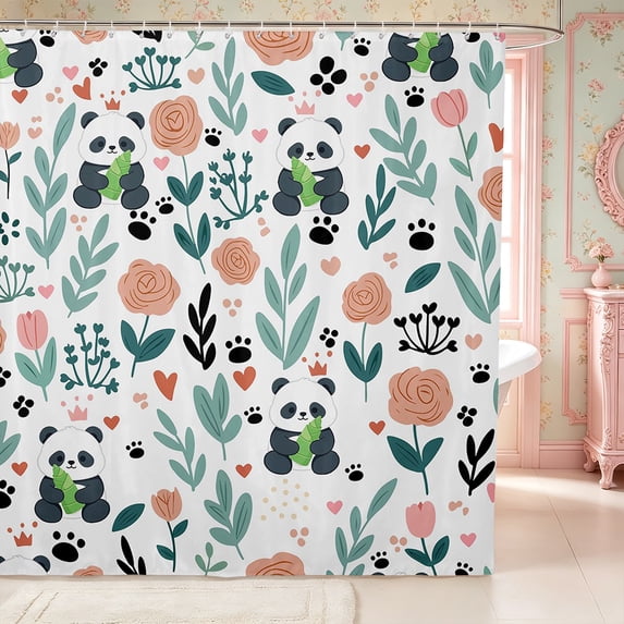 Manfei Cute Panda Shower Curtain 72Wx84L,Cartoon Flowers Bathroom Shower Curtain