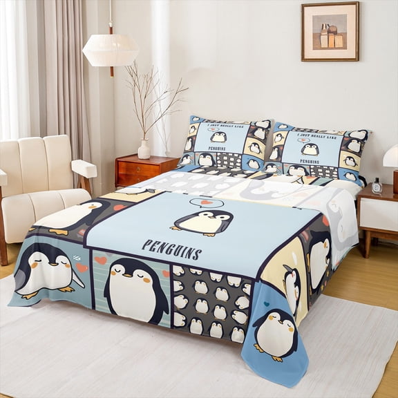 Manfei Cute Penguin Animal Bed Sheets, Kawaii Cartoon Patchwork King Sheets, Teen Boy Girl Kid Sheet Set, Breathable Home Decor, 4pcs