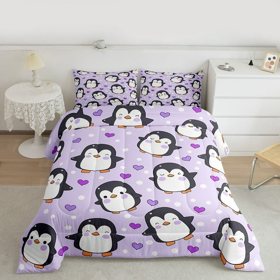 Manfei Cute Penguin Print Bedding Comforter Set, Kawaii Cartoon Love Heart Twin Comforter Sets, Teen Boy Girl Kid Bedding Set, Ultra Soft Home Decor, 2pcs