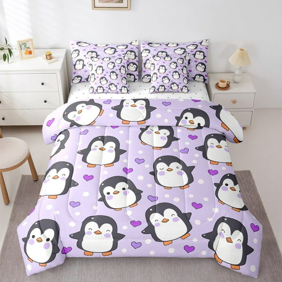 Manfei Cute Penguin Print Twin Bedding Sets 7-Piece, Kawaii Cartoon Love Heart Bedding Comforter Set, Teen Boy Girl Kid Sheet Sets, Ultra Soft Home Decor