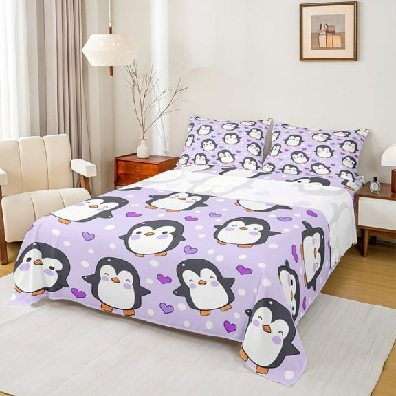 Manfei Cute Penguin Print Twin Sheet Sets, Kawaii Cartoon Love Heart Twin Fitted Sheet, Teen Boy Girl Kid Flat Sheet, Ultra Soft Home Decor, 3pcs