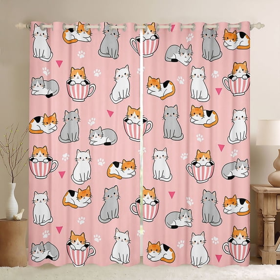Manfei Cute Pet Blackout Curtains, Cartoon Cup Kitten Window Curtains Pack of 2 (38x45 Each), Pink