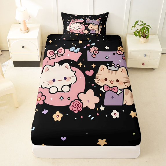 Manfei Cute Pet Bow Cat Twin Fitted Sheet, Cartoon 67 Number Bedding, Black Pink, 2pcs, 1 Fitted Sheet and 1 Pillowcase