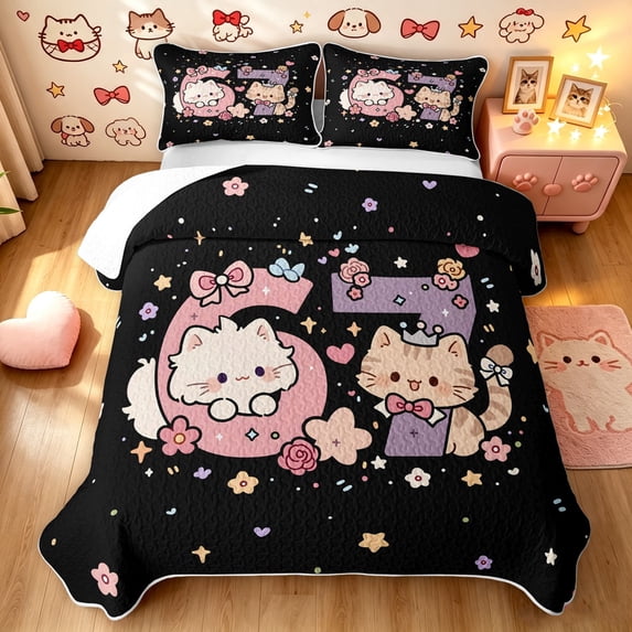 Manfei Cute Pet Bow Cat Twin Quilt Set, Cartoon 67 Number Twin Coverlet Set, Black Pink, 2pcs, 1 Bedspread and 1 Pillowcase