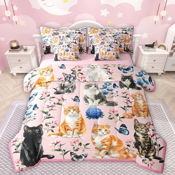 Manfei Cute Pet Cat 7-Piece Twin Bedding Sets,Retro Rustic Flower Bedding Comforter Set,Blue Hydrangea Butterfly Sheet Sets For Girls Kids,Luxury Bedroom Decor Reversible