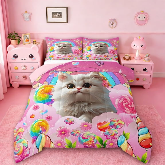 Manfei Cute Pet Cat Queen Comforter Set,Kawaii Kitten Bedding Sets,Rainbow Candy Print Bedding Comforter Set For Kids,Luxury Bedroom Decor Reversible,3pcs