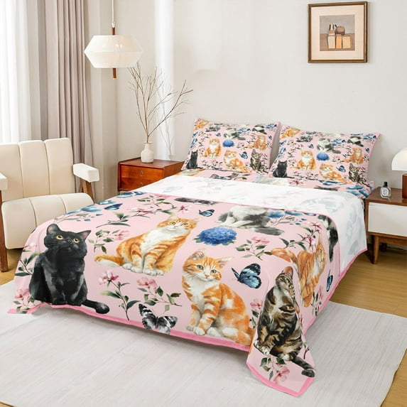 Manfei Cute Pet Cat Queen Sheet Sets,Retro Rustic Flower Flat Sheet,Blue Hydrangea Butterfly Queen Fitted Sheet For Girls Kids,Luxury Bedroom Decor,4pcs