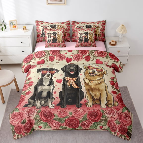 Manfei Cute Pet Dogs 7pcs Bedding Comforter Set,Retro Rustic Flower Queen Bedding Sets,Red Floral Queen Sheet Sets For Girls Boys,Breathable Home Decor Reversible