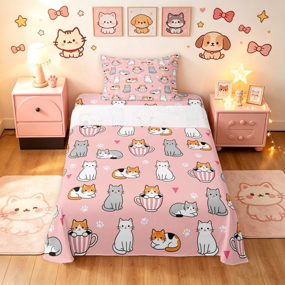 Manfei Cute Pet Twin Sheets, Cartoon Cup Kitten Bedding, Pink, 3pcs, 1 Flat Sheet, 1 Fitted Sheet and 1 Pillowcase