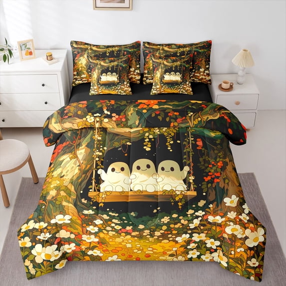 Manfei Cute Pets Dog 7pcs Queen Bedding,Cartoon Halloween Lantern Bedding Comforter Set Queen,Gray,Halloween Reversible