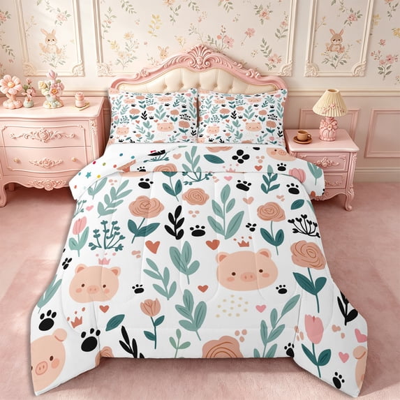 Manfei Cute Pig Queen Comforter Set 3 Pieces,Cartoon Flowers Comforter Sets Queen,1 Comforter and 2 Pillowcases,Reversible