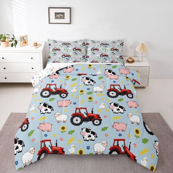 Manfei Cute Pig Queen Comforter Set,Cartoon Car Print Comforter Sets Queen,Red,Colorful Stars Reversible,3pcs,1 Comforter and 2 Pillowcases