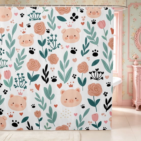 Manfei Cute Pig Shower Curtain 72Wx84L,Cartoon Flowers Bathroom Shower Curtain
