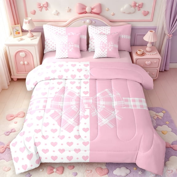 Manfei Cute Pink Bow 7-Piece Twin Bedding,Kawaii Heart Print Bedding Comforter Set,Pink Reversible