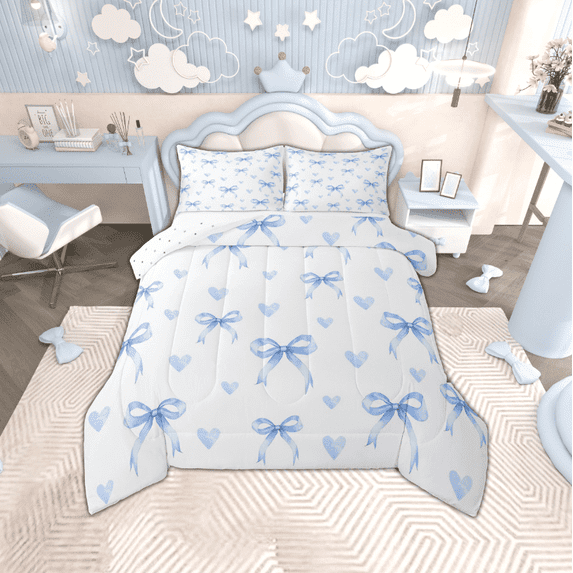 Manfei Cute Pink Bow Bedding Comforter Set,Lovely Bow Knot Twin Comforter Sets,Blue Loves Pattern Bedding Set For Princess,Breathable Home Decor Reversible,2pcs