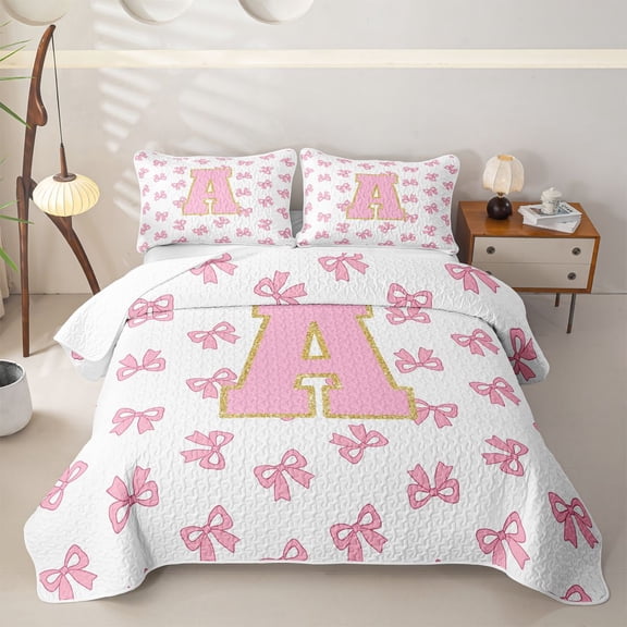 Manfei Cute Pink Bow Twin Quilt Set,Girls Personalized Letter A Twin Coverlet Set,2pcs