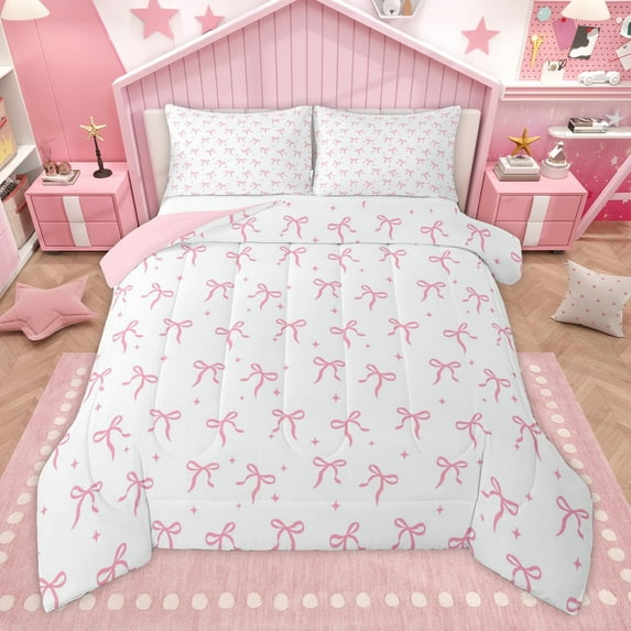 Manfei Cute Pink Bowknot 3 Pieces Queen Comforter Set for Girls Teens Female,Dreamy Princess Ultra Soft Bedding Sets,Stars Print Bedding Comforter Set,Luxury Bedroom Decor,Reversible