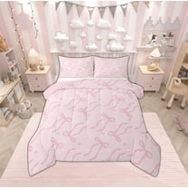 Manfei Cute Pink Bowtie Bedding Comforter Set,Cartoon Heart Print Twin Comforter Sets,Princess Bow Knot Bedding Set For Girls,Microfiber Bedroom Decor Reversible,2-Piece