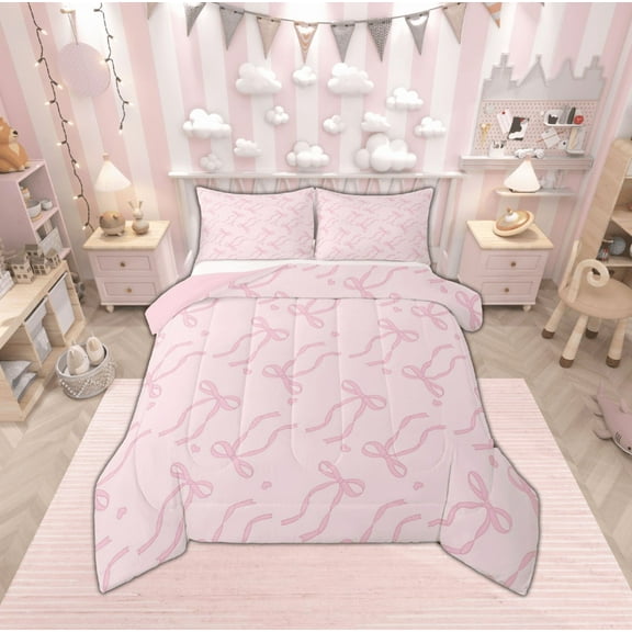 Manfei Cute Pink Bowtie Bedding Comforter Set,Cartoon Heart Print Twin Comforter Sets,Princess Bow Knot Bedding Set For Girls,Microfiber Bedroom Decor Reversible,2-Piece
