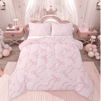Manfei Cute Pink Bowtie Bedding Comforter Set,Cartoon Heart Print Twin Comforter Sets,Princess Bow Knot Bedding Set For Girls,Microfiber Bedroom Decor Reversible,2-Piece