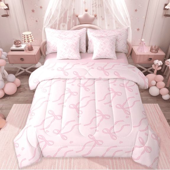 Manfei Cute Pink Bowtie Twin Bedding Sets 7-Piece,Cartoon Heart Print Bedding Comforter Set,Princess Bow Knot Sheet Sets For Girls,Microfiber Bedroom Decor Reversible