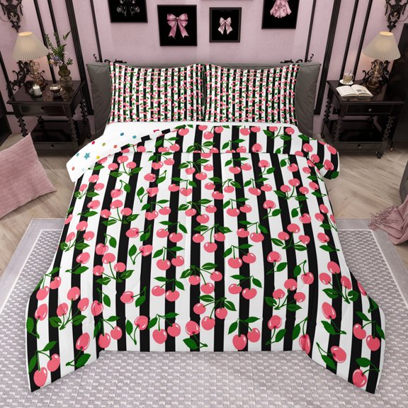 Manfei Cute Pink Cherry Queen Comforter Set for Kids, Cartoon Black Abstract Bedding Sets, Kawaii Summer Fruit Reversible Bedding Comforter Set, Luxury Bedroom Decor, 3-Piece