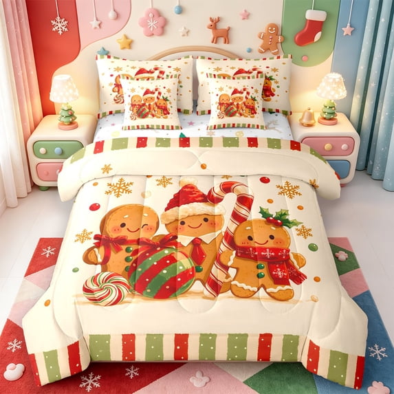 Manfei Cute Pink Christmas 7pcs Queen Bedding,Colorful Santa Hat Bedding Comforter Set Queen,Xmas Reversible