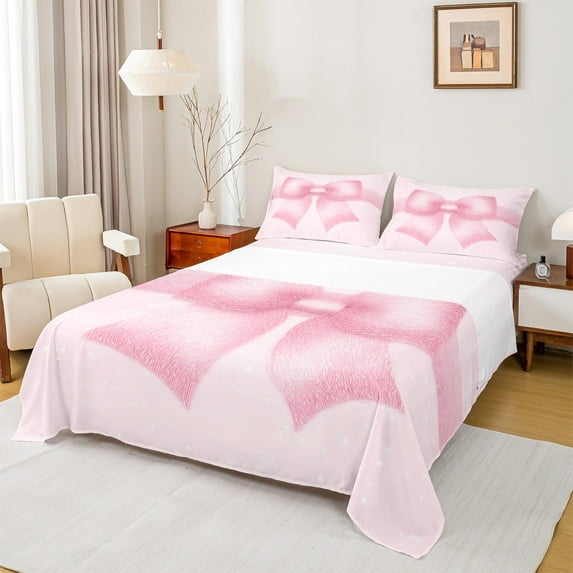 Manfei Cute Pink Full Size Sheets 4-Piece for Girls, Princess Bow-Tie Bed Sheets, Cartoon Bow Ribbon Sheet Sets, Lightweight Room Decor