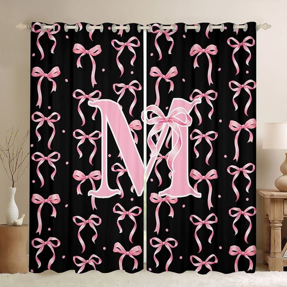 Manfei Cute Pink Letter M Monogrammed Blackout Curtains Set of 2 (52x84 Each) for Kids Girls,Polka Dots Ribbon Bowtie Window Curtains for Teens,Lightweight Room Decor