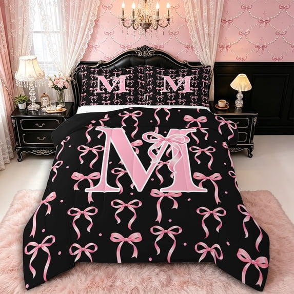 Manfei Cute Pink Letter M Monogrammed Full Size Comforter Sets 3 Pieces for Kids Girls,Polka Dots Ribbon Bowtie Bedding Sets for Teens,Black Reversible,Lightweight Room Decor