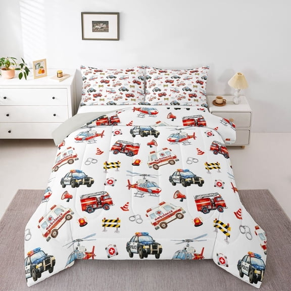 Manfei Cute Police Car Full Size Comforter Sets,Ambulance Print Bedding Comforter Set,White,Light Gray Reversible,3-Piece,1 Comforter and 2 Pillowcases
