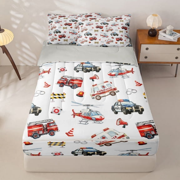 Manfei Cute Police Car Zipper Twin Comforter Sets with Fitted Sheet and 2 Pillowcases,Ambulance Print Zipper Bedding Set,White,Light Gray Reversible,4pcs