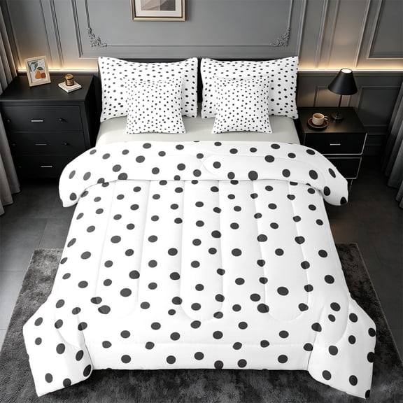 Manfei Cute Polka Dot 7-Piece Bedding Comforter Set,Geometric Circle Dot King Bedding Sets,White Black Bed Sheets For Girls,Ultra Soft Home Decor Reversible