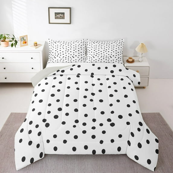 Manfei Cute Polka Dot Full Size Comforter Sets,Geometric Circle Dot Bedding Comforter Set,White Black Bedding Sets For Girls,Ultra Soft Home Decor Reversible,3 Pieces