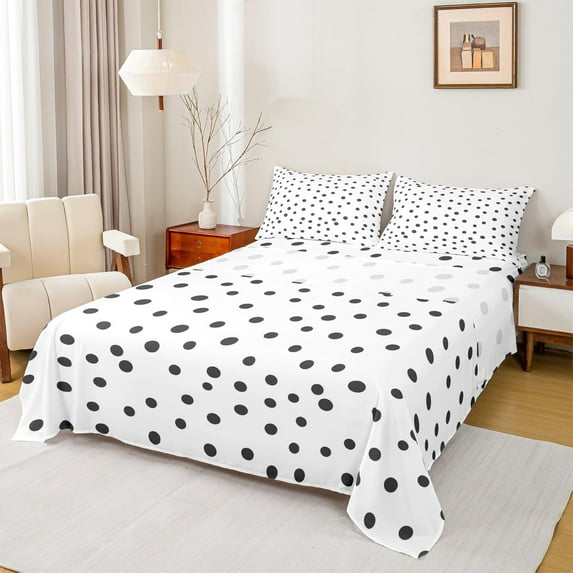 Manfei Cute Polka Dot Full Size Sheets,Geometric Circle Dot Bed Sheets,White Black Sheet Sets For Girls,Ultra Soft Home Decor,4 Pieces
