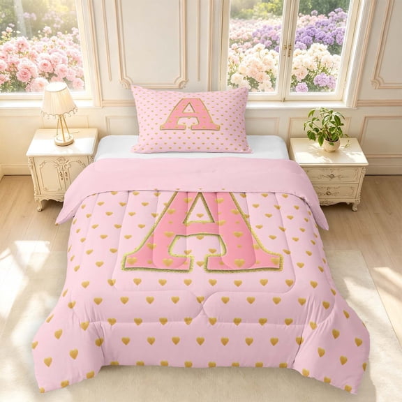 Manfei Cute Polka Dot Twin Comforter Sets,Pink Monogrammed A Bedding Set,Pink Reversible,2 Pieces,1 Comforter and 1 Pillowcase
