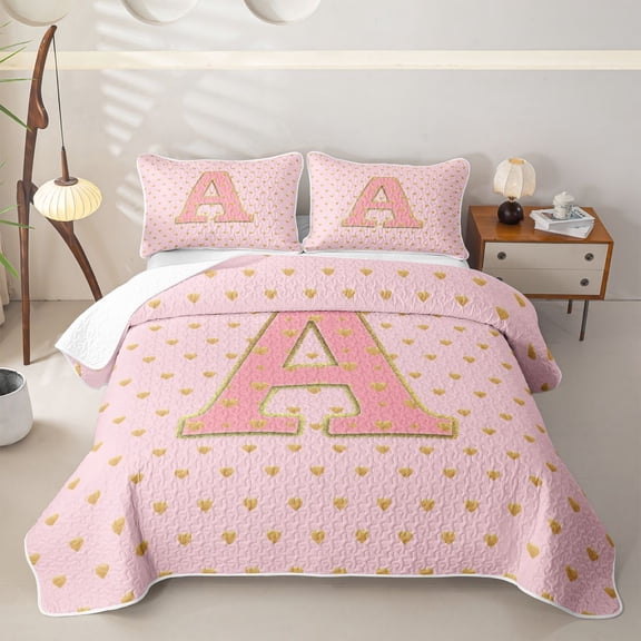 Manfei Cute Polka Dot Twin Quilt Set,Pink Monogrammed A Twin Coverlet Set,2 Pieces,1 Bedspread and 1 Pillowcase